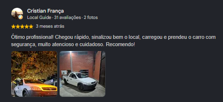 Avaliação 5 estrelas de Cristian França no Google: ótimo profissional, chegou rápido, sinalizou bem o local e carregou o carro com segurança.